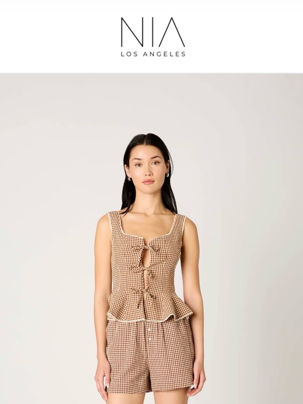 NIA Los Angeles Tan Gingham Tie-Front Peplum Tank